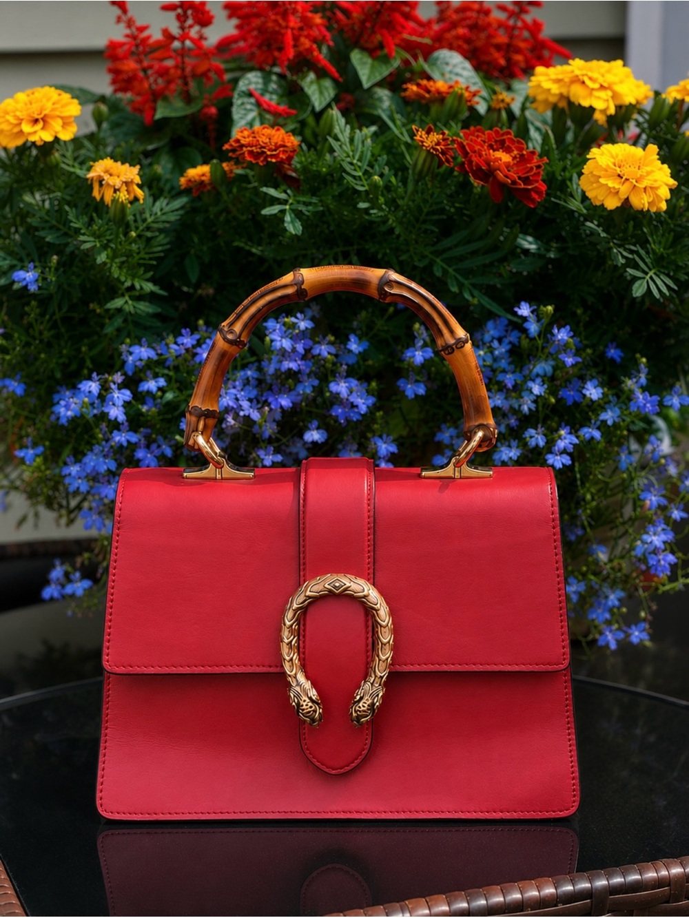 Gucci Dionysus Bamboo Handle Two-Way Bag in Red Calfskin Leather